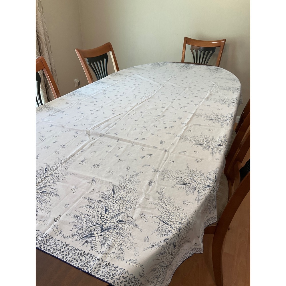 Vintage Rectangle Floral Tablecloth Mid Century‎ Modern Blue Cottagecore Italy